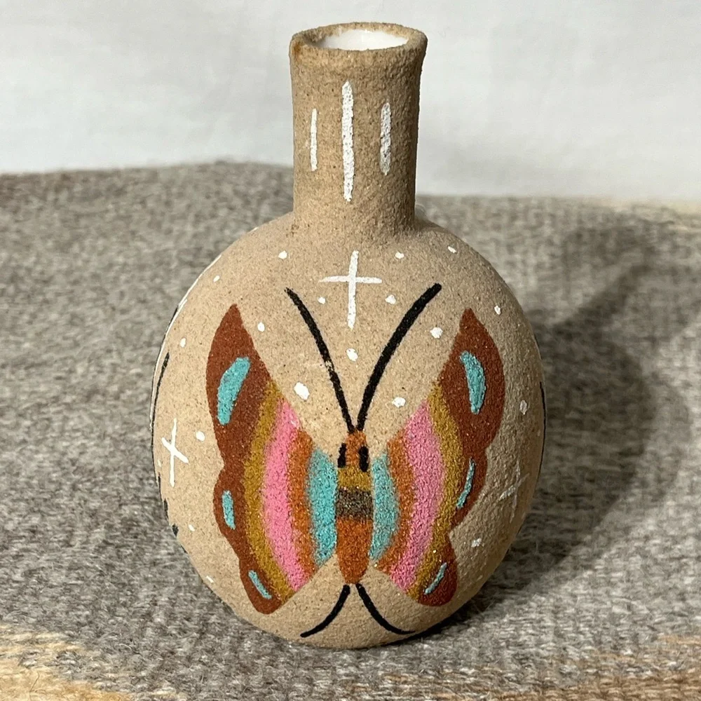 Native American Bud Vase Textured Sand Glaze Sculptured Flowers Butterfly Signed